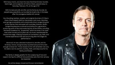 Murió Brad Arnold, vocalista y miembro fundador de la banda de rock 3 Doors Down, a los 47 años
